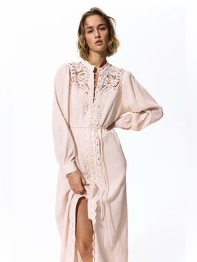 Women's Pale Pink Lace-Trim Midi Dress